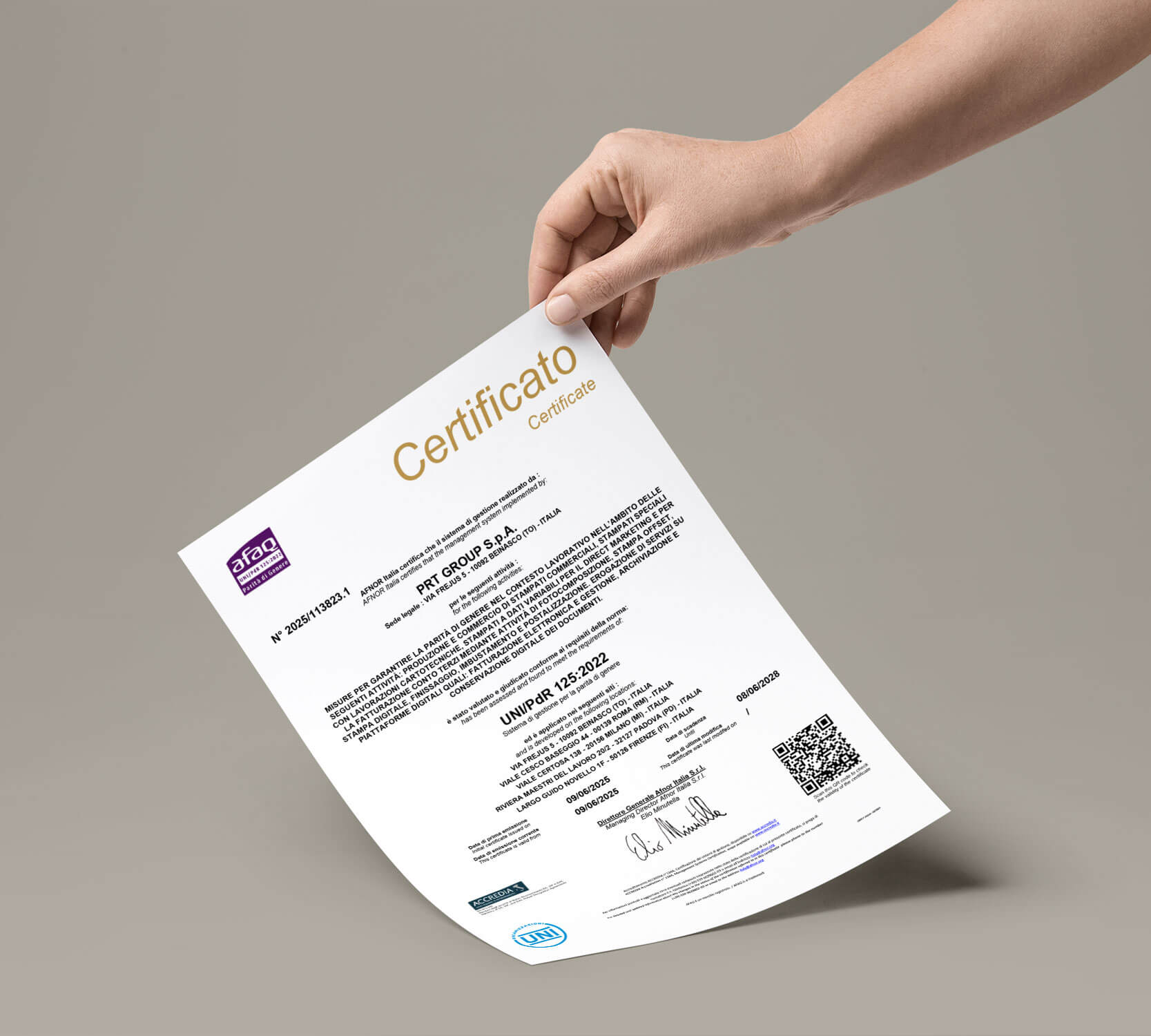 PRT ottiene la certificazione UNI/PdR 125:2022
